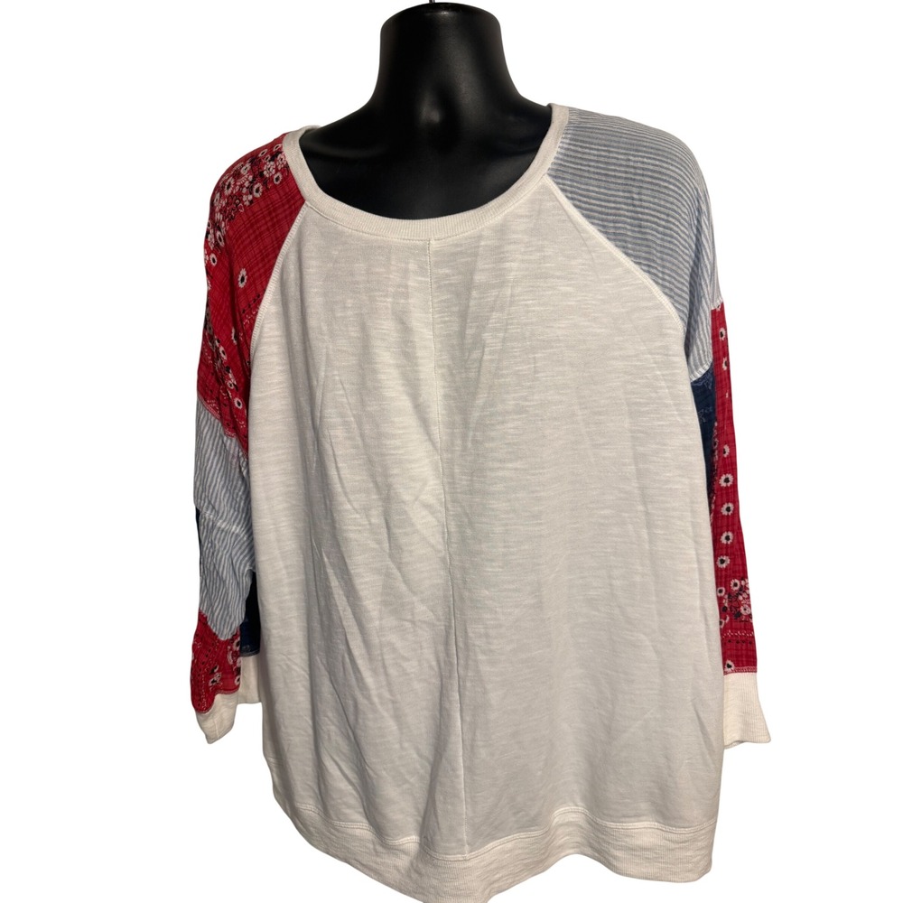 Style & Co Womens 3X Patchwork Bandana Raglan Sleeve Slub Knit Top White Red